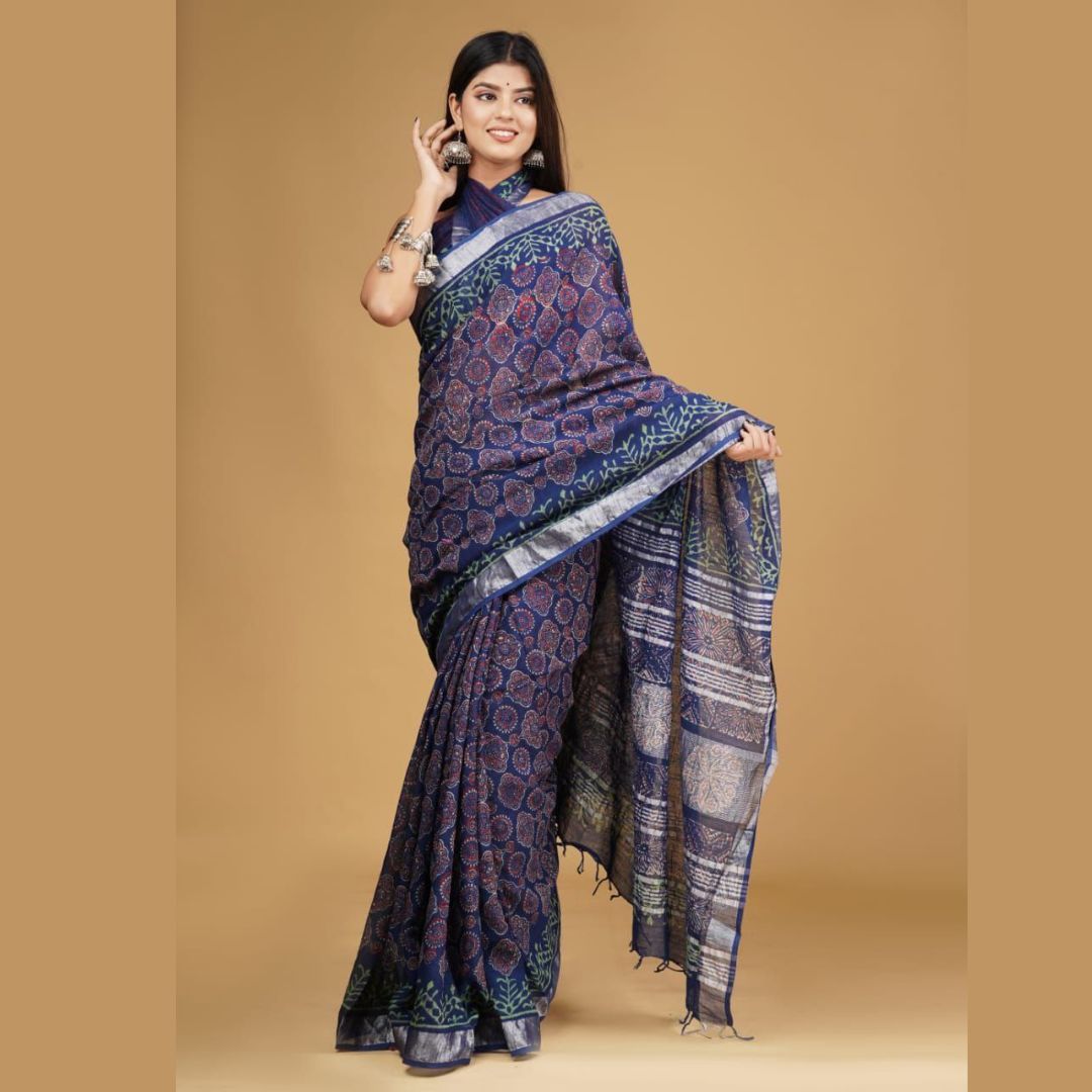 Linen Block Print Saree
