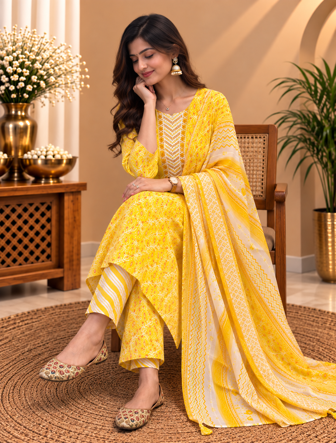 Yellow Readymade Cotton Suit Set for Women | Printed Kurta Pant with Dupatta