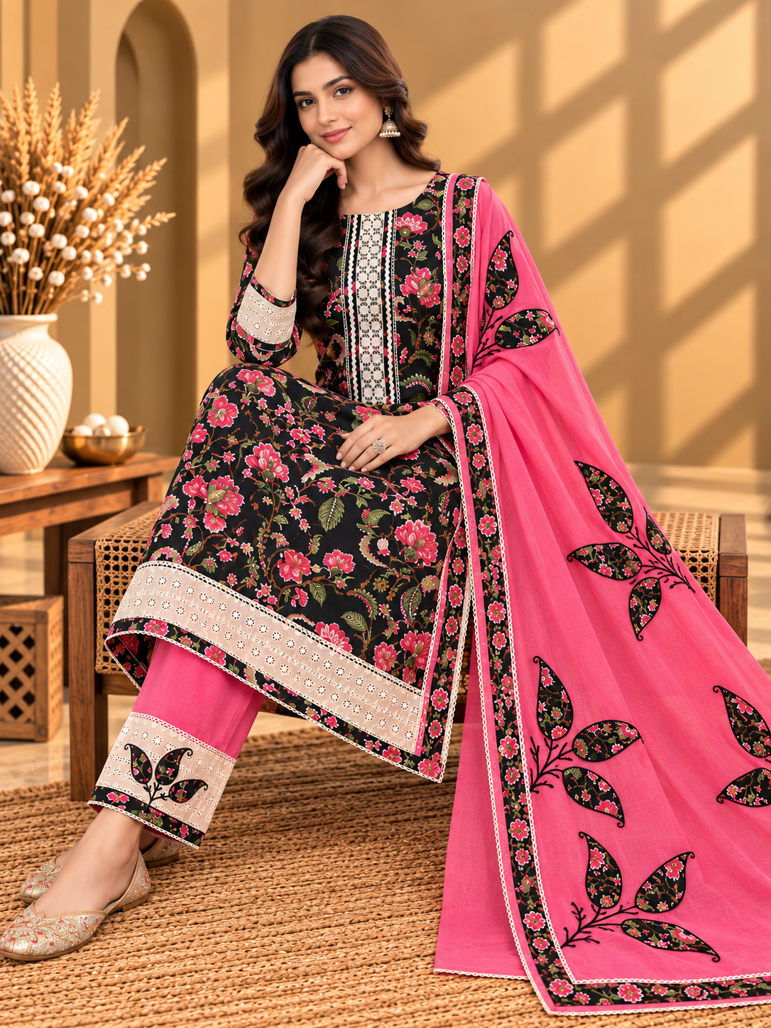 Pink & Black Cotton Digital Printed Unstitched Suit with Designer Dupatta | Floral Printed Cotton Suit Set