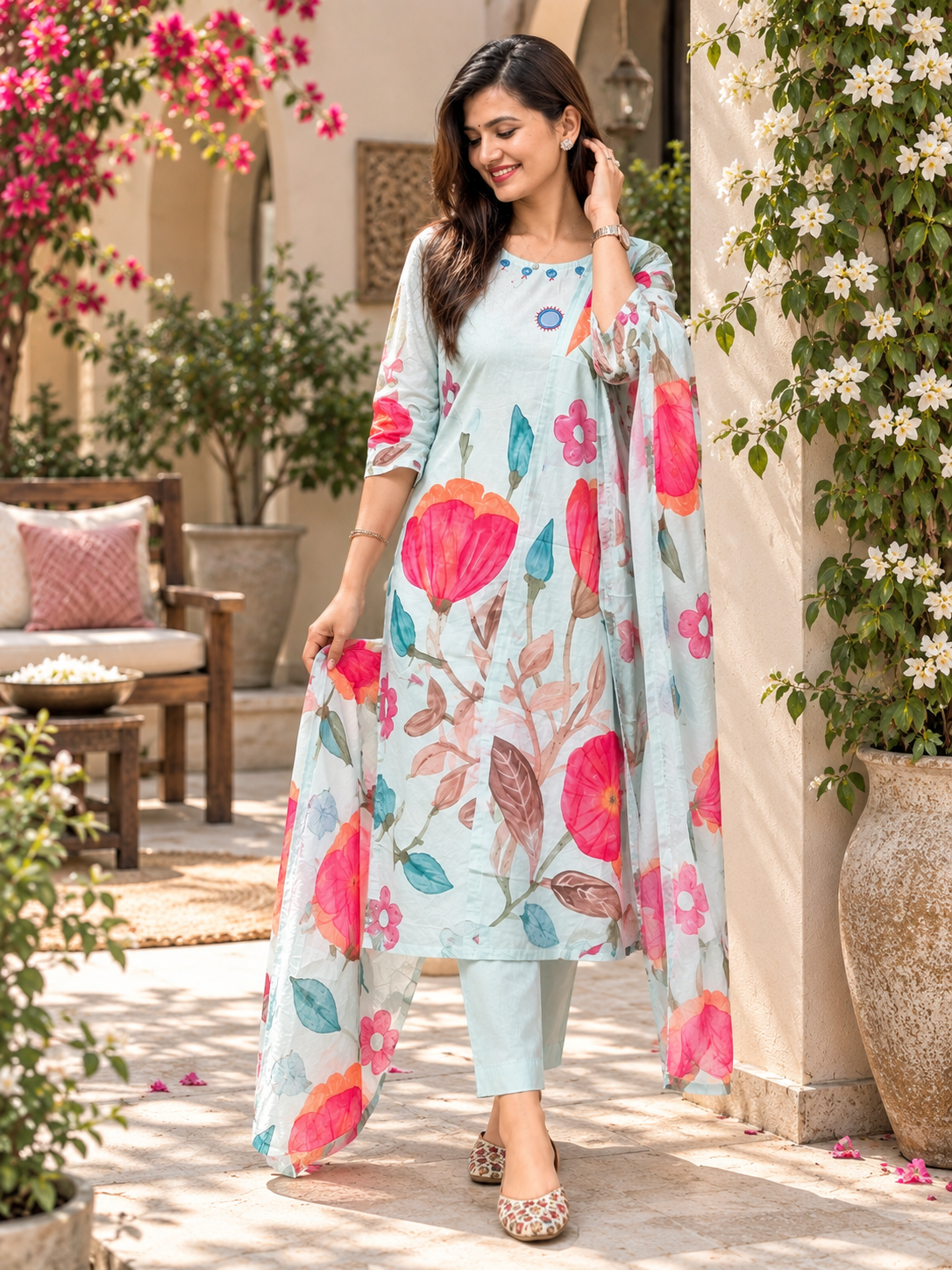 Printed Cotton Readymade Suit Set for Women | Floral Cotton Kurta with Dupatta