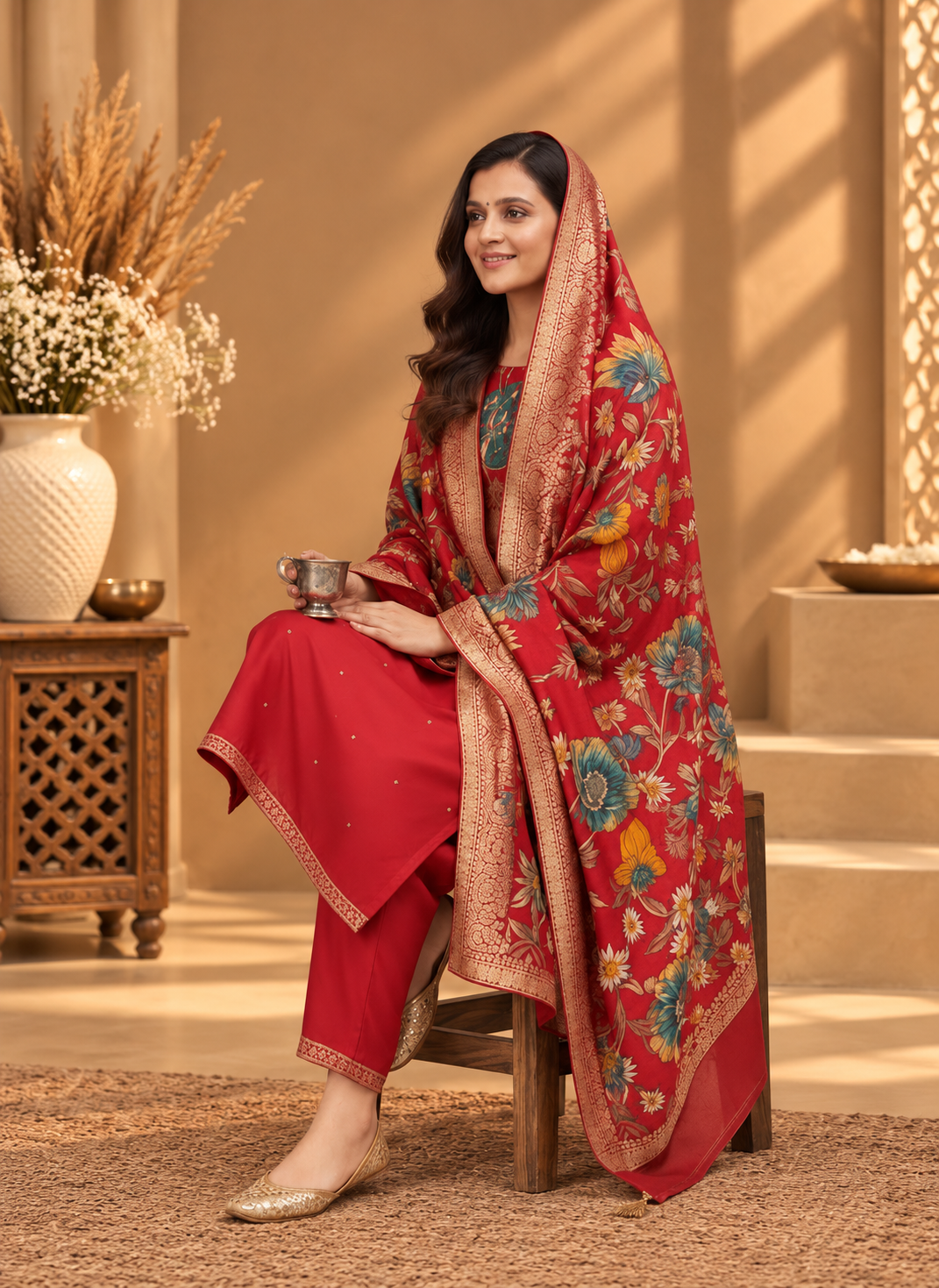 Red Modal Silk Floral Printed Unstitched Suit for Women | Designer Ethnic Wear