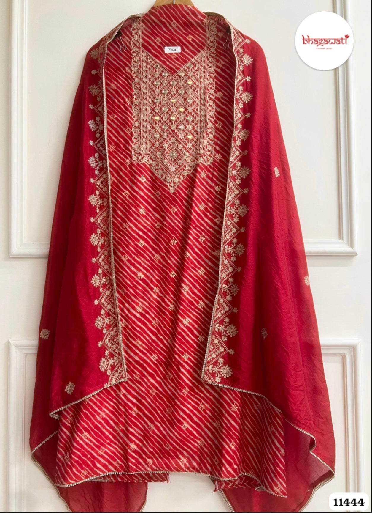 Beautiful Red Modal Silk Suit with Real Mirror Embroidery