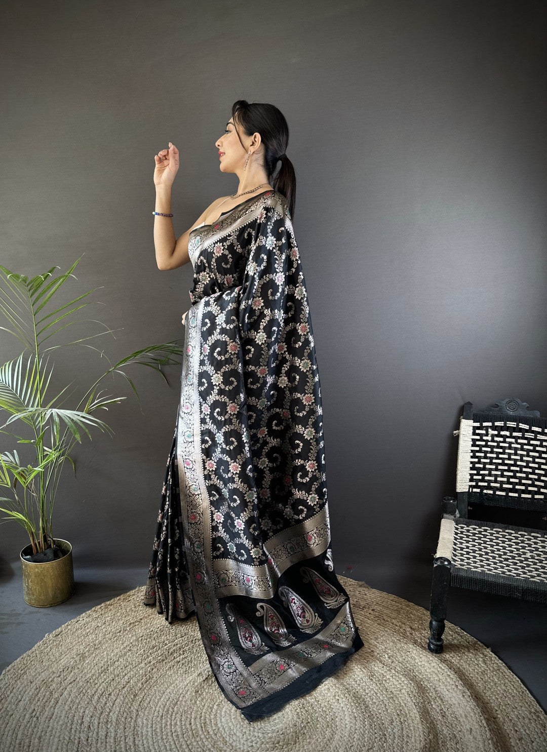 Black soft katan banarasi silk saree with meenakari zari weaving work
