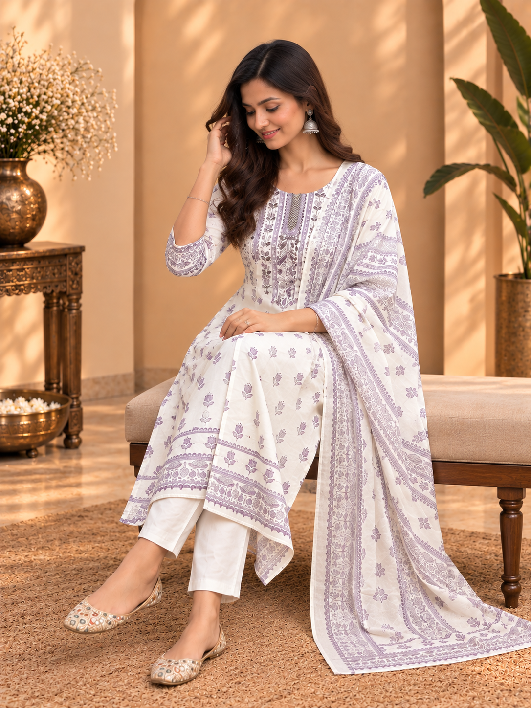 Printed Cotton Readymade Suit Set for Women | Floral Kurta with Dupatta