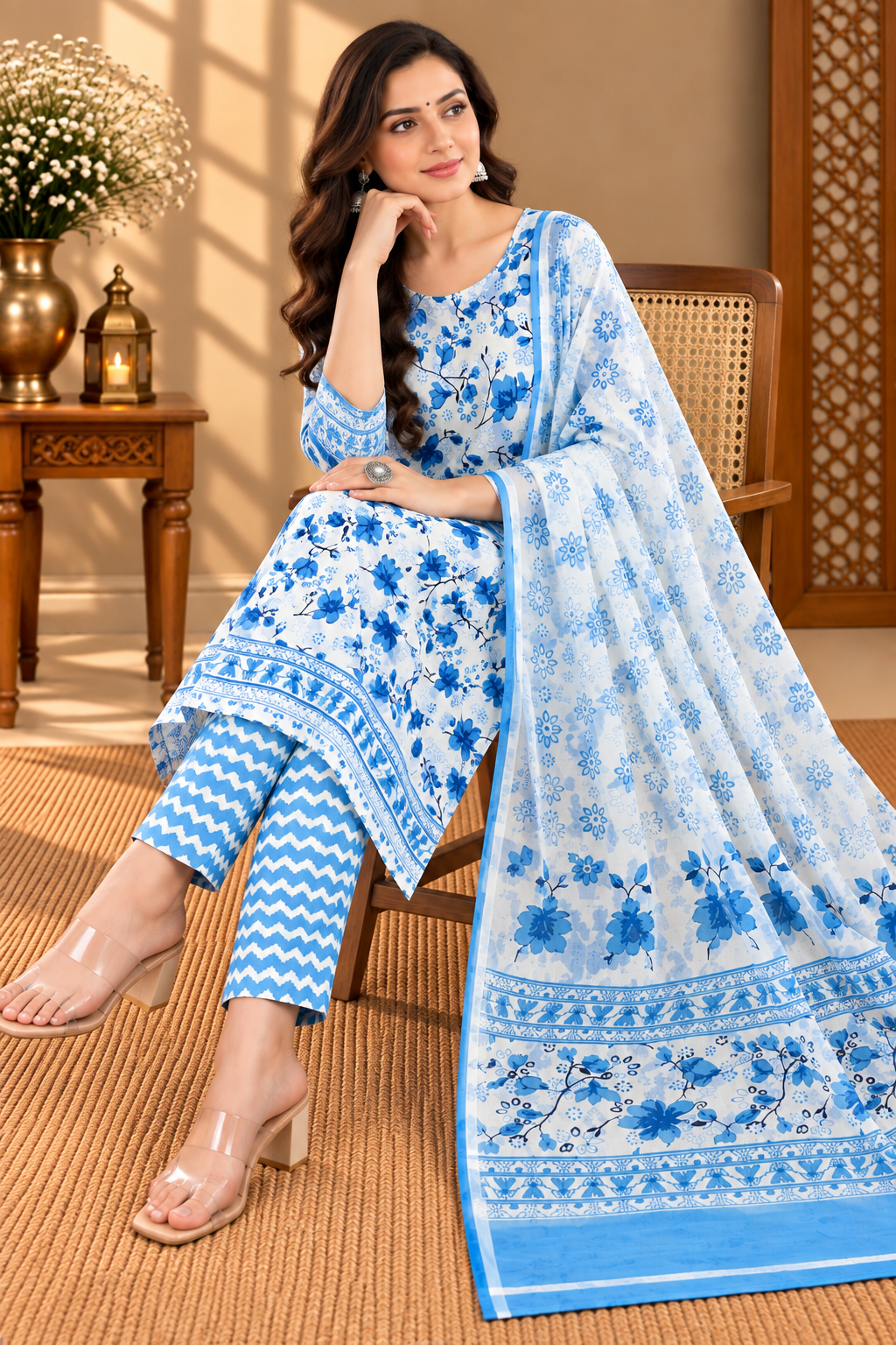 Blue Floral Printed Cotton Suit with Dupatta | Elegant Cotton Dress Material for Women