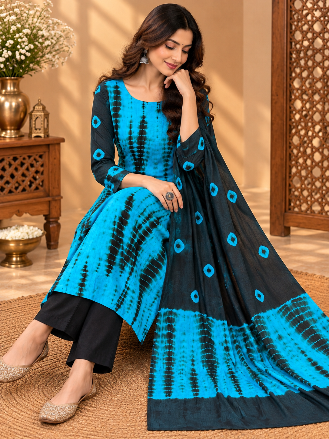 Premium Cotton Tie-Dye Printed Suit Set | Blue & Black Traditional Printed Suit for Women