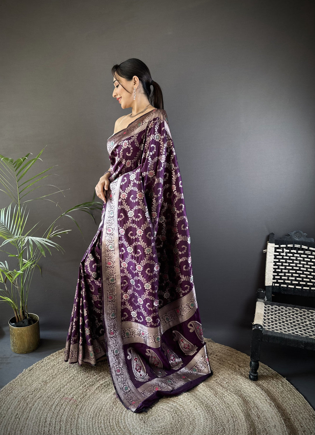 Wine soft katan banarasi silk saree with meenakari zari weaving work
