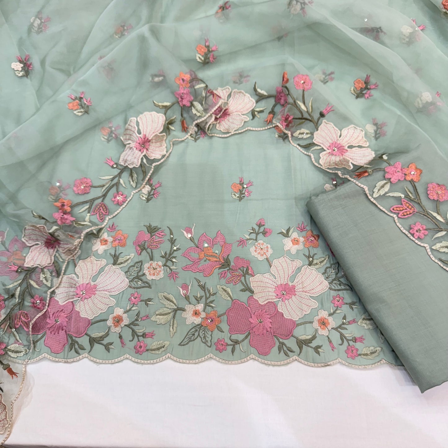 Embroidered Muslin Suit With Organza Dupatta