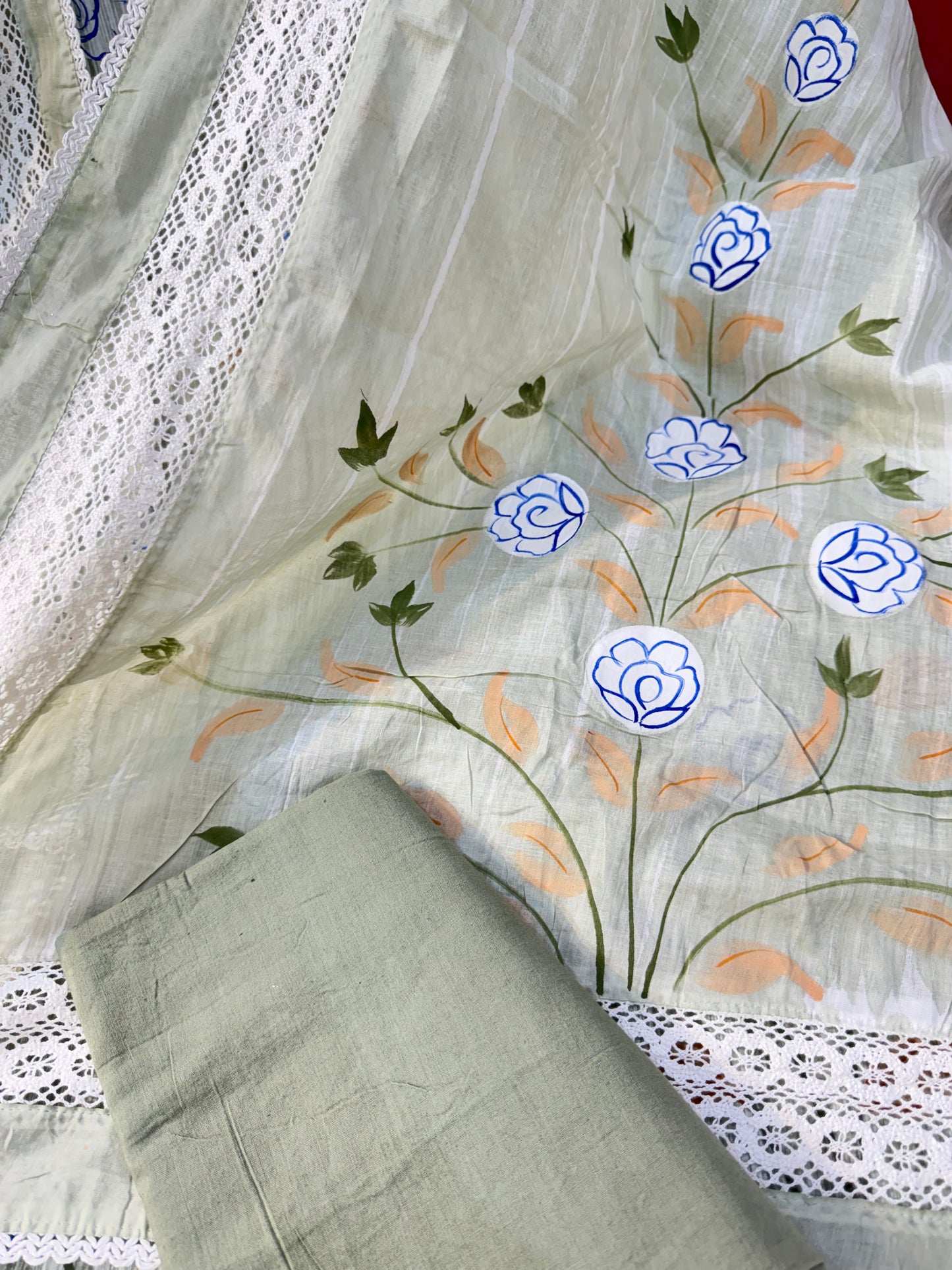Premium Hand Painted Cotton Suit with Crochet Lace work