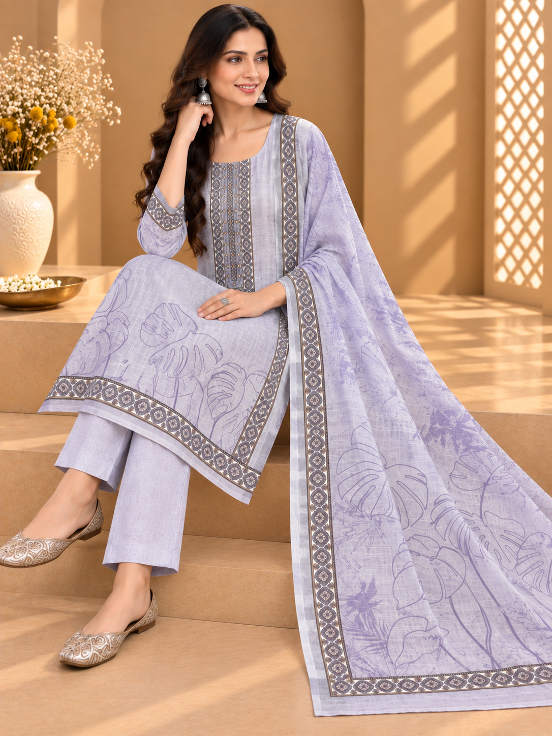 Lavender White Linen Printed Suit | Designer Linen Unstitched Suit with Floral Dupatta