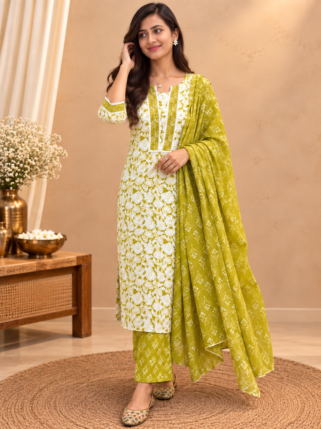 Green & White Ready Made Cotton Suit Set for Women | Floral Printed Kurta Pant with Dupatta