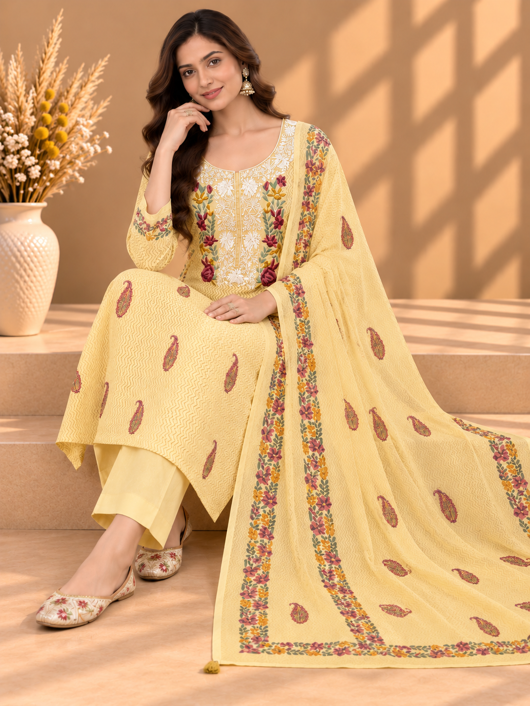 Pastel Yellow Designer Floral Embroidered Chanderi Silk Suit