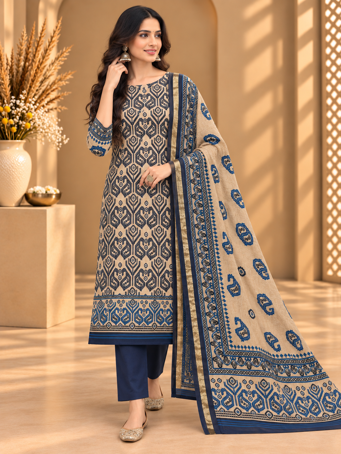 Blue & Beige Maheshwari Silk Unstitched Suit | Traditional Printed Designer Suit for Women