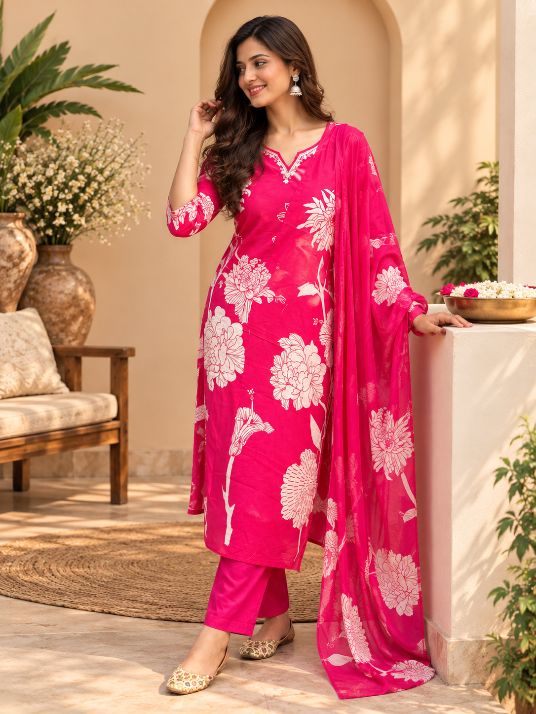 Floral Printed Readymade Suit Set for Women | Elegant Kurta with Dupatta