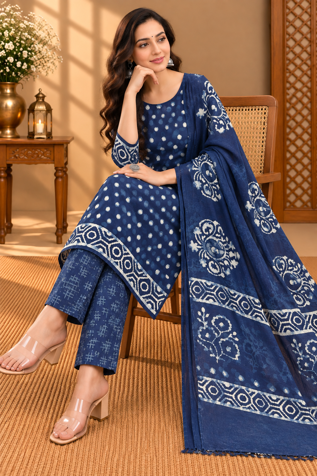 Indigo Hand Block Printed Cotton Suit with Dupatta | Traditional Indigo Print Dress Material