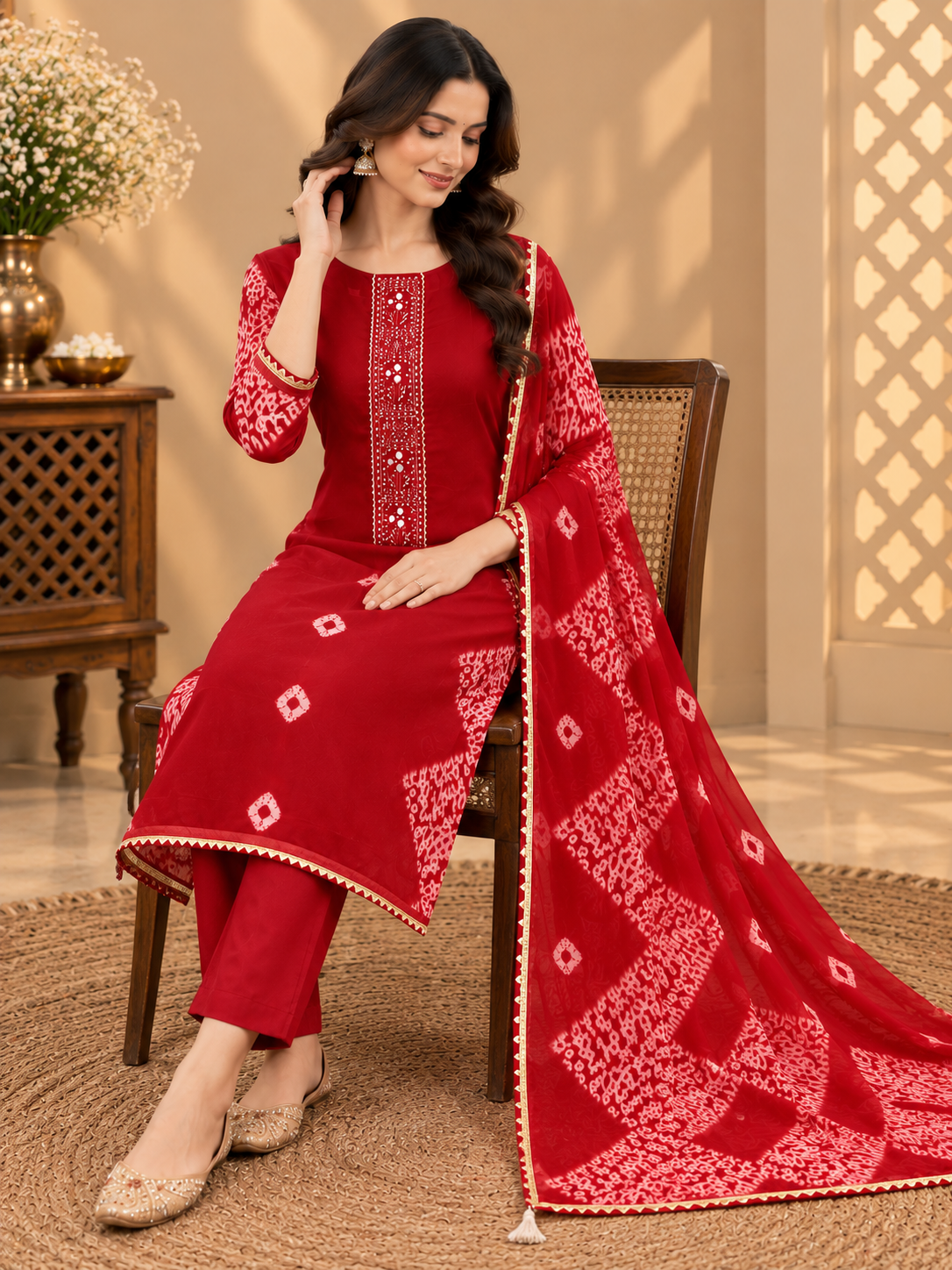 Premium Crepe Suit Set with Bandhani Print & Embroidered Neckline | Red Designer Crepe Suit for Women