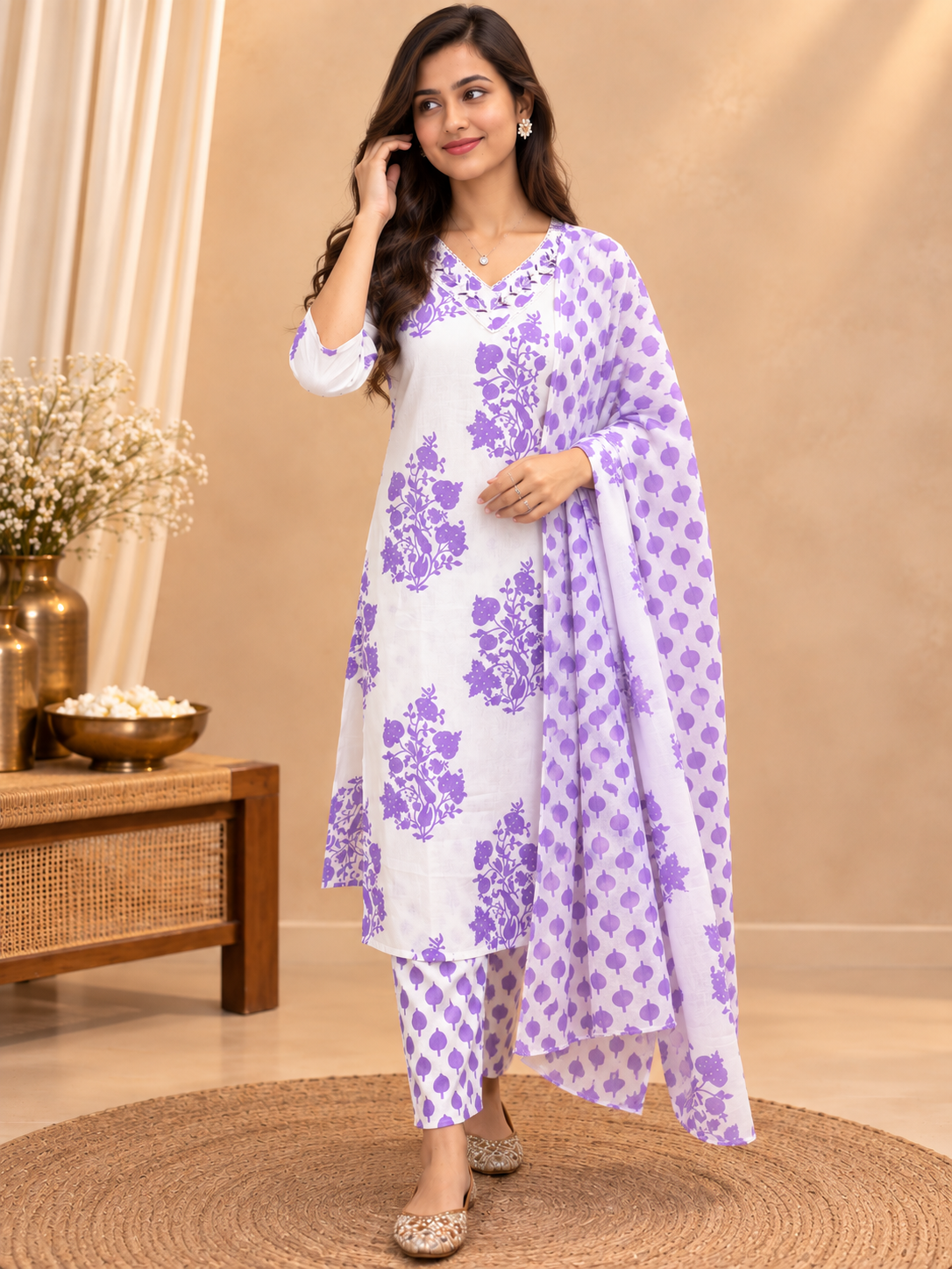 Purple & White Readymade Cotton Suit Set for Women | Floral Printed Kurta Pant with Dupatta