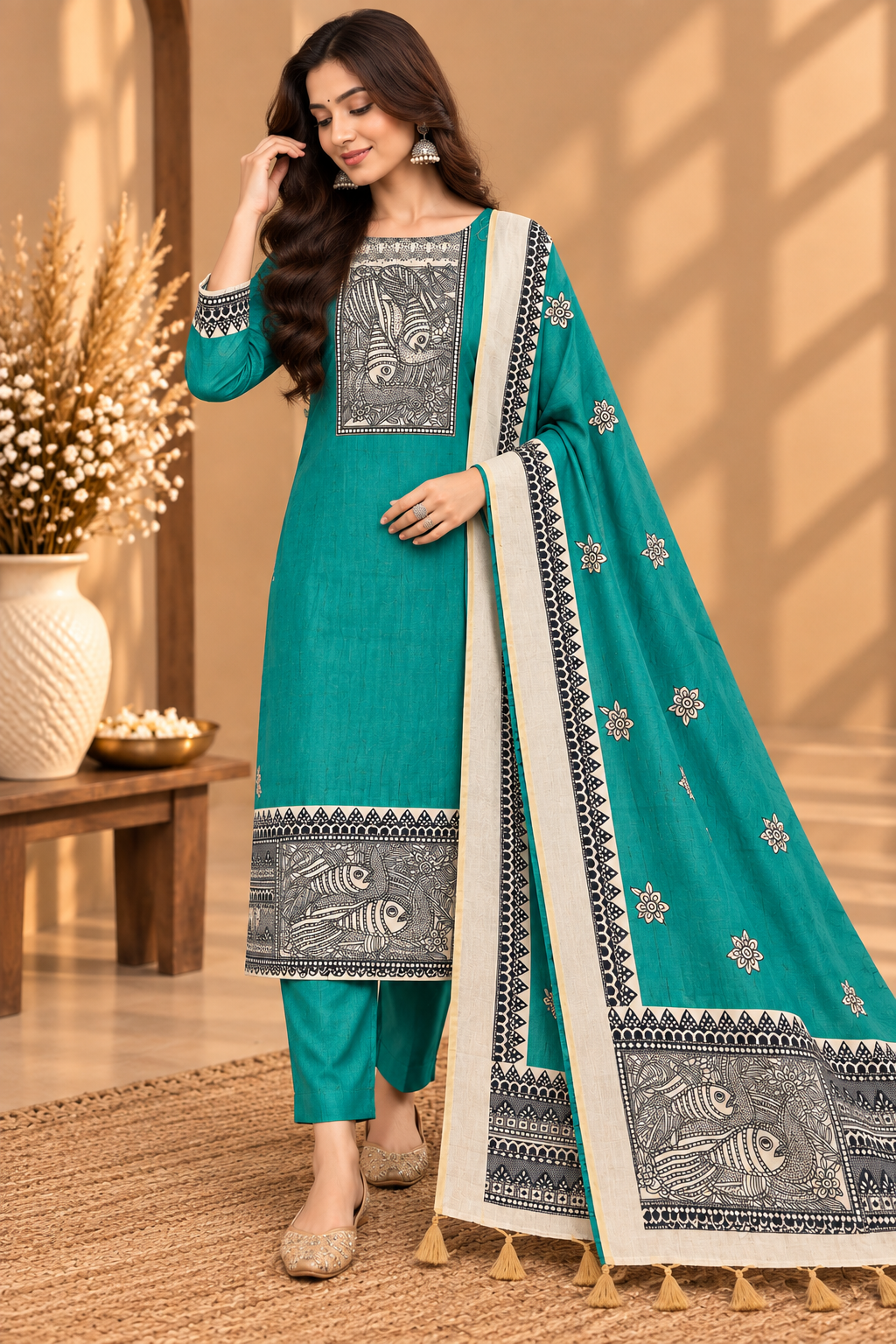 Teal Green Silk Digital Printed Unstitched Suit with Madhubani Art Dupatta | Designer Ethnic Suit