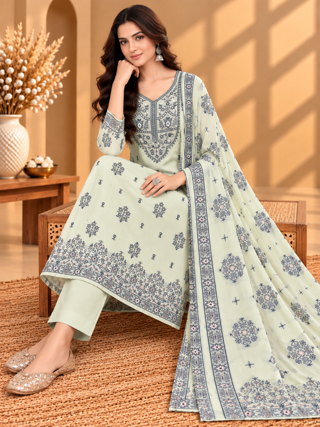 Pastel Green Muslin Digital Printed Unstitched Suit with Floral Border & Designer Dupatta | Premium Ethnic Suit