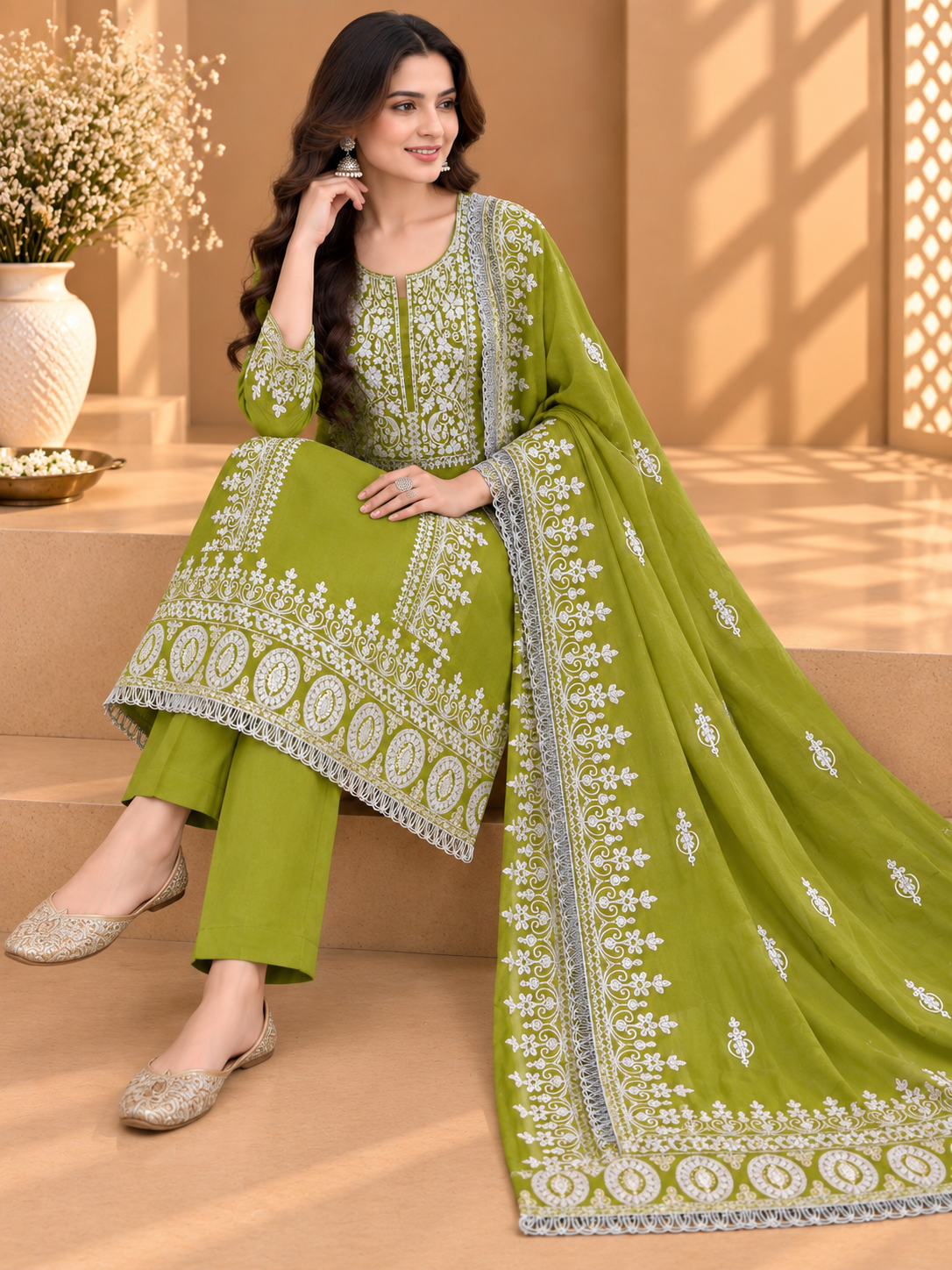 Olive Green Shimmer Silk Embroidered Suit | Designer Unstitched Suit with Embroidered Dupatta