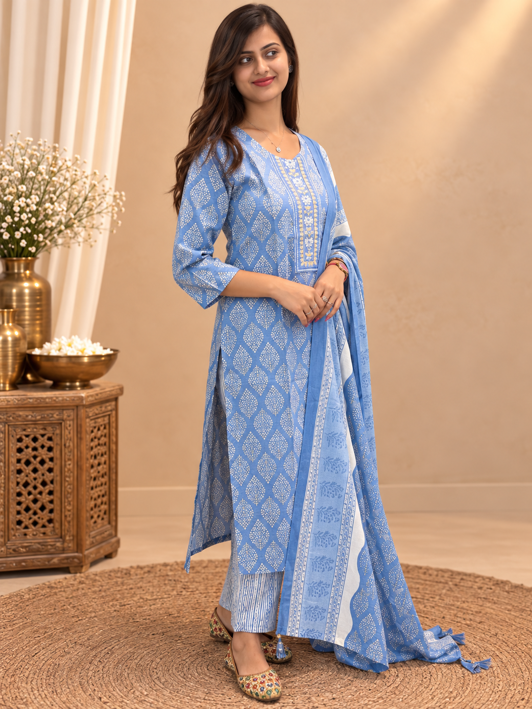 Blue Readymade Cotton Suit Set for Women | Printed Kurta Pant with Dupatta