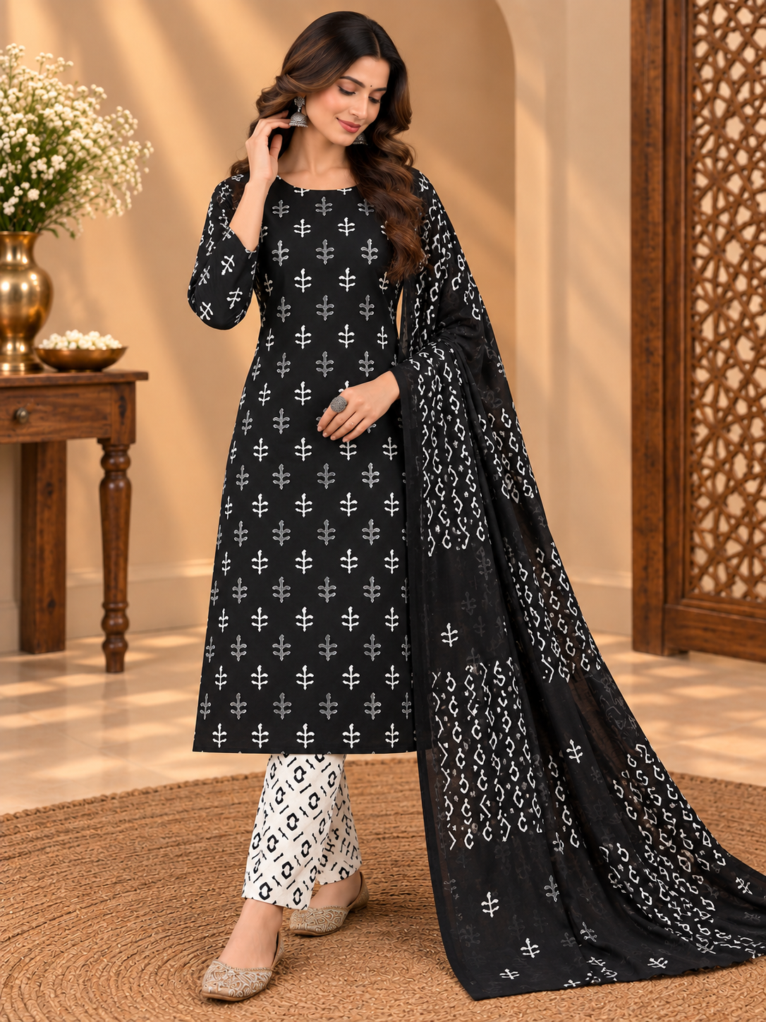 Premium Jaipuri Block Printed Cotton Suit Set | Black & White Hand Block Print Suit for Women