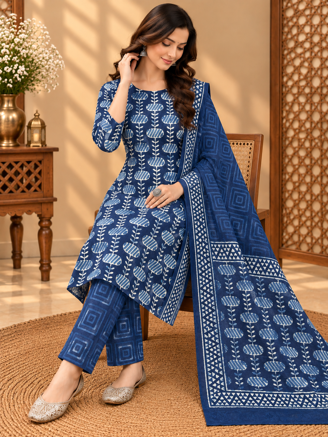 Premium Indigo Hand Block Printed Cotton Suit Set | Traditional Blue & White Floral Print Suit for Women