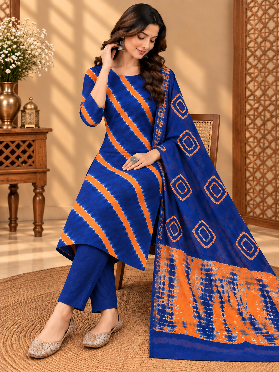 Premium Shibori Print Cotton Suit Set | Blue & Orange Tie-Dye Printed Suit for Women