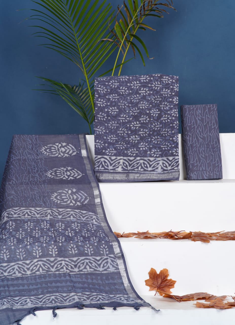 Jaipuri Linen Suit With Linen Dupatta