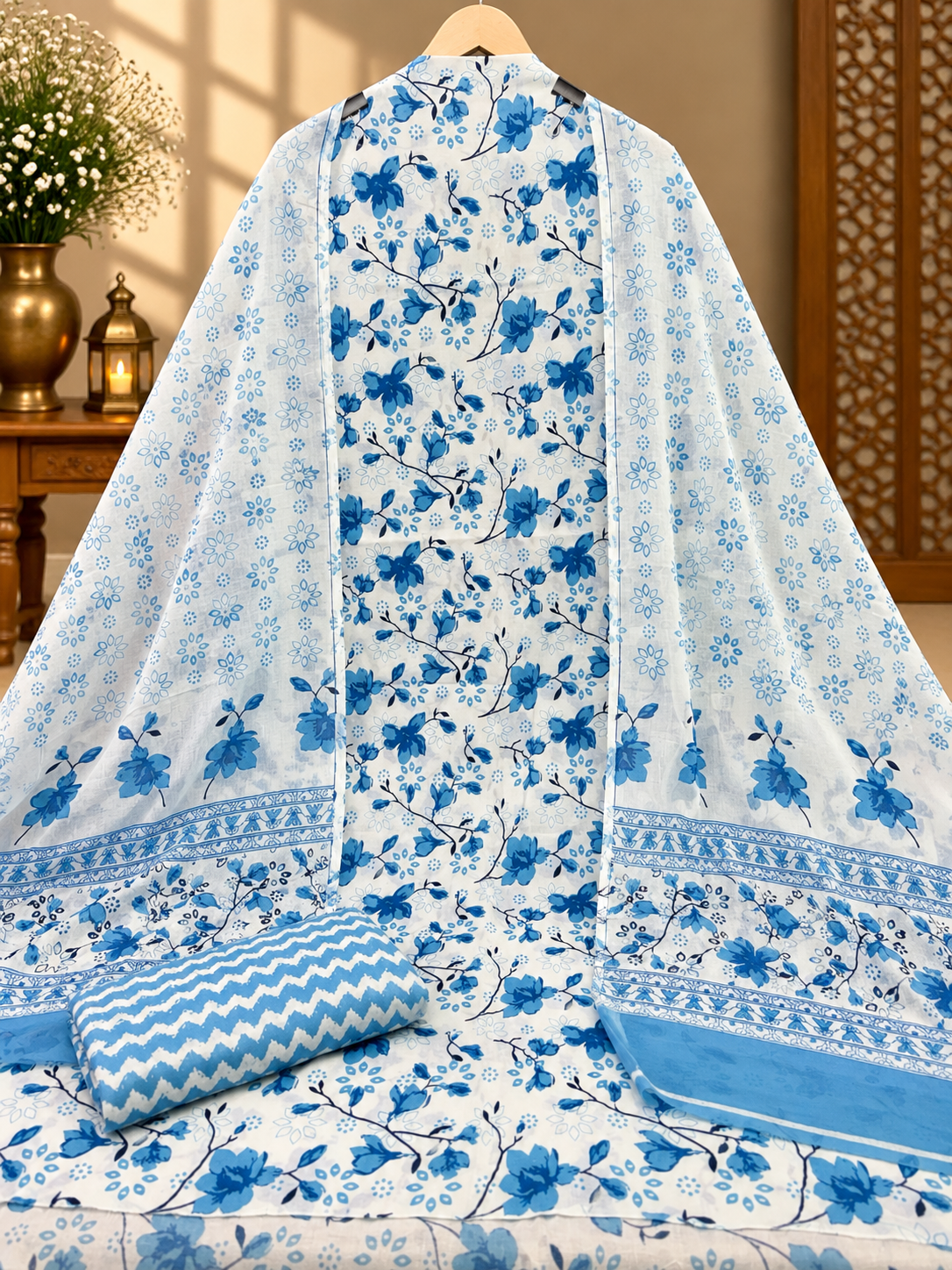 Blue Floral Printed Cotton Suit with Dupatta | Elegant Cotton Dress Material for Women