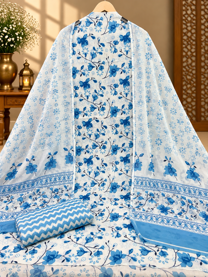 Blue Floral Printed Cotton Suit with Dupatta | Elegant Cotton Dress Material for Women