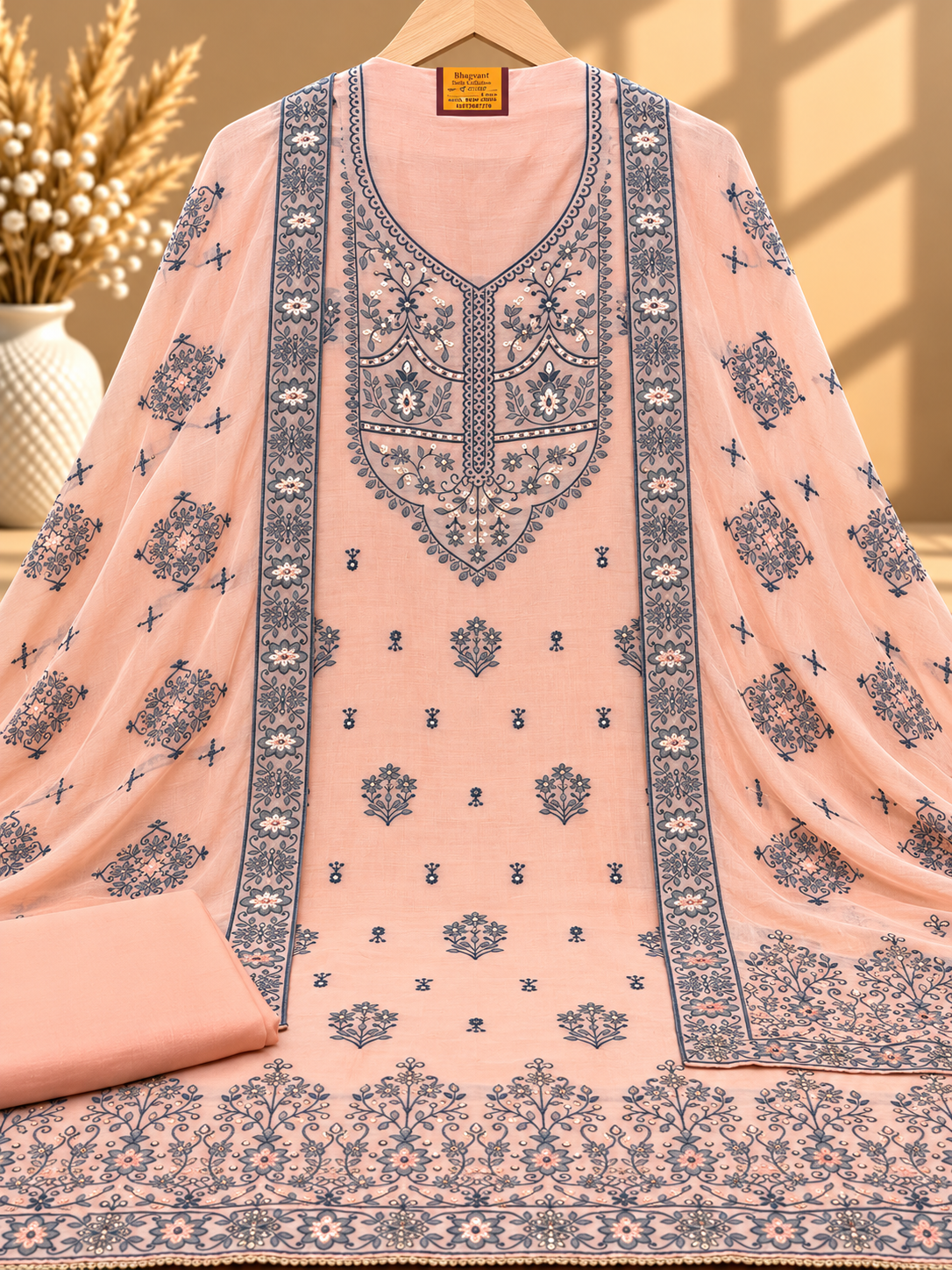 Peach Muslin Digital Printed Unstitched Suit with Floral Border & Designer Dupatta | Premium Ethnic Suit
