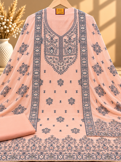 Peach Muslin Digital Printed Unstitched Suit with Floral Border & Designer Dupatta | Premium Ethnic Suit