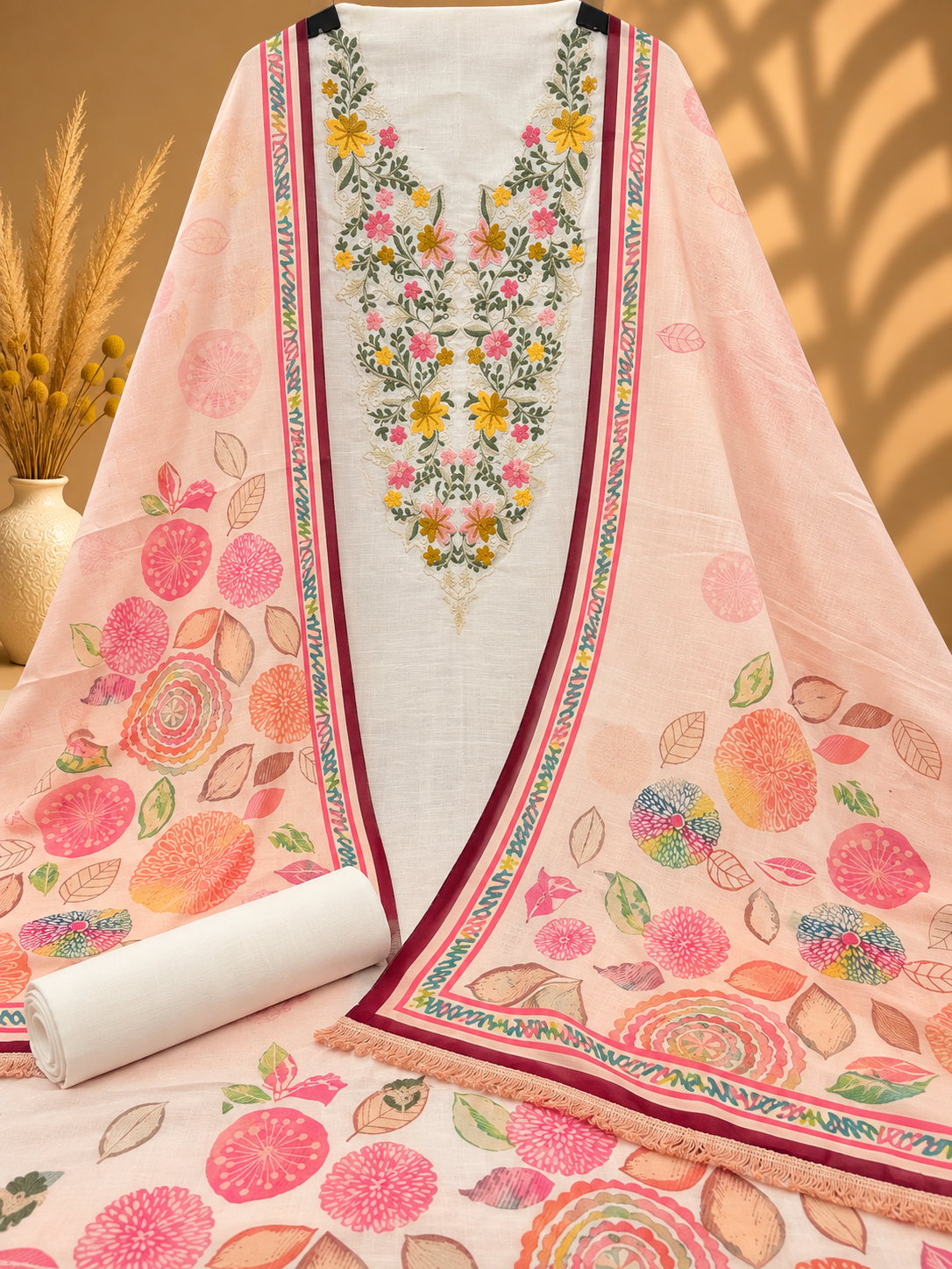 Premium White & Peach Cotton Suit with Floral Embroidery & Multicolour Print | Designer Cotton Suit for Women