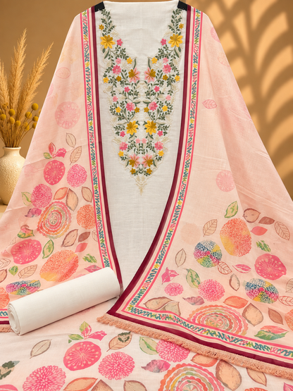 Premium White & Peach Cotton Suit with Floral Embroidery & Multicolour Print | Designer Cotton Suit for Women