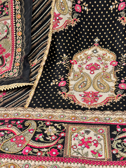 Black Digital Printed Unstitched Suit with Designer Paisley Dupatta | Premium Ethnic Suit Set