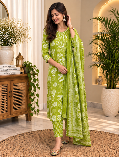 Green Readymade Cotton Suit Set for Women | Floral Printed Kurta with Dupatta