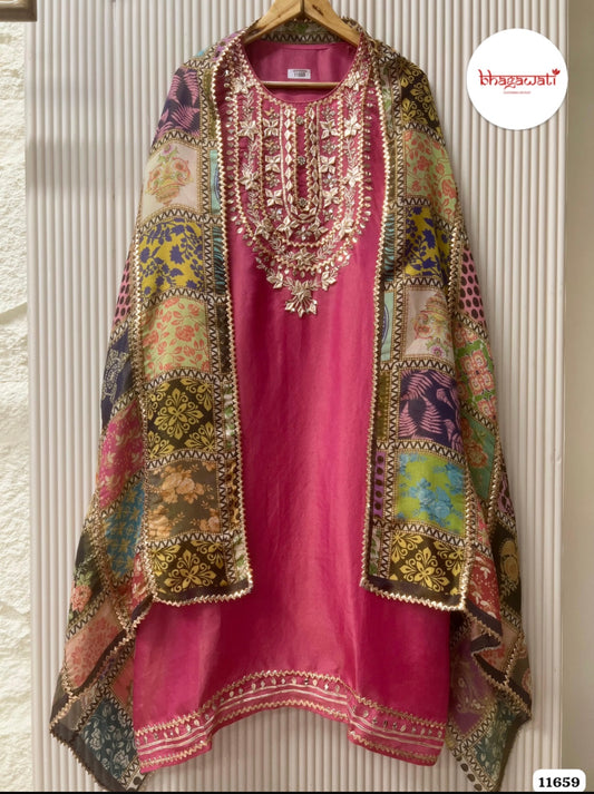 Pure Shimmer Tissue Silk Suit with Gota Embroidery