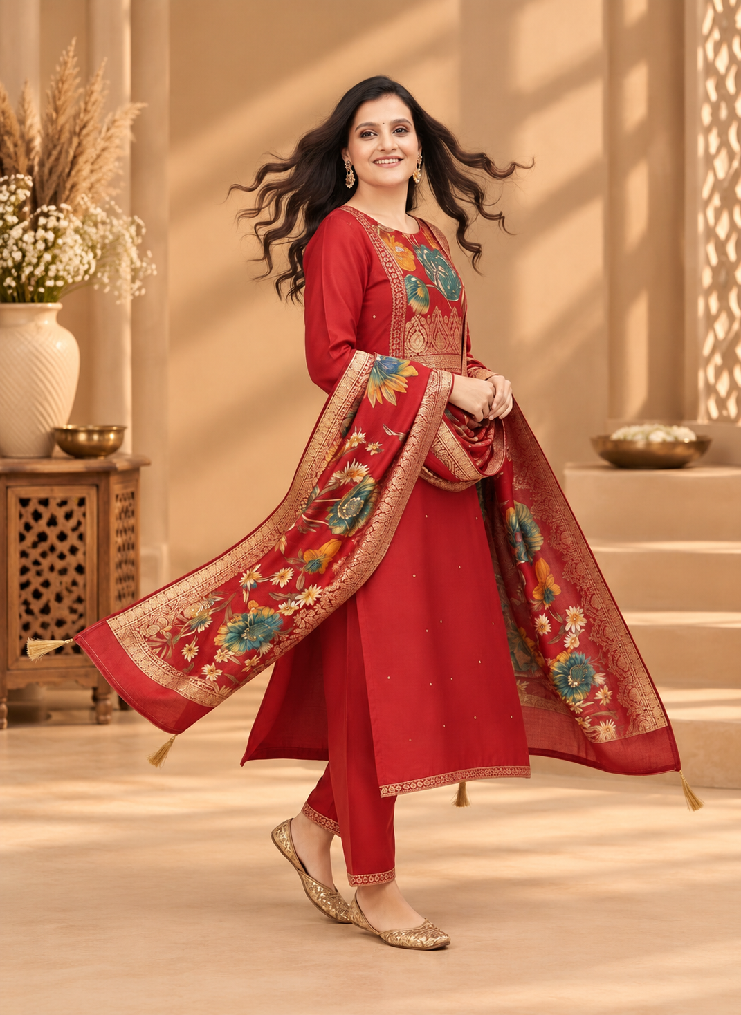 Red Modal Silk Floral Printed Unstitched Suit for Women | Designer Ethnic Wear
