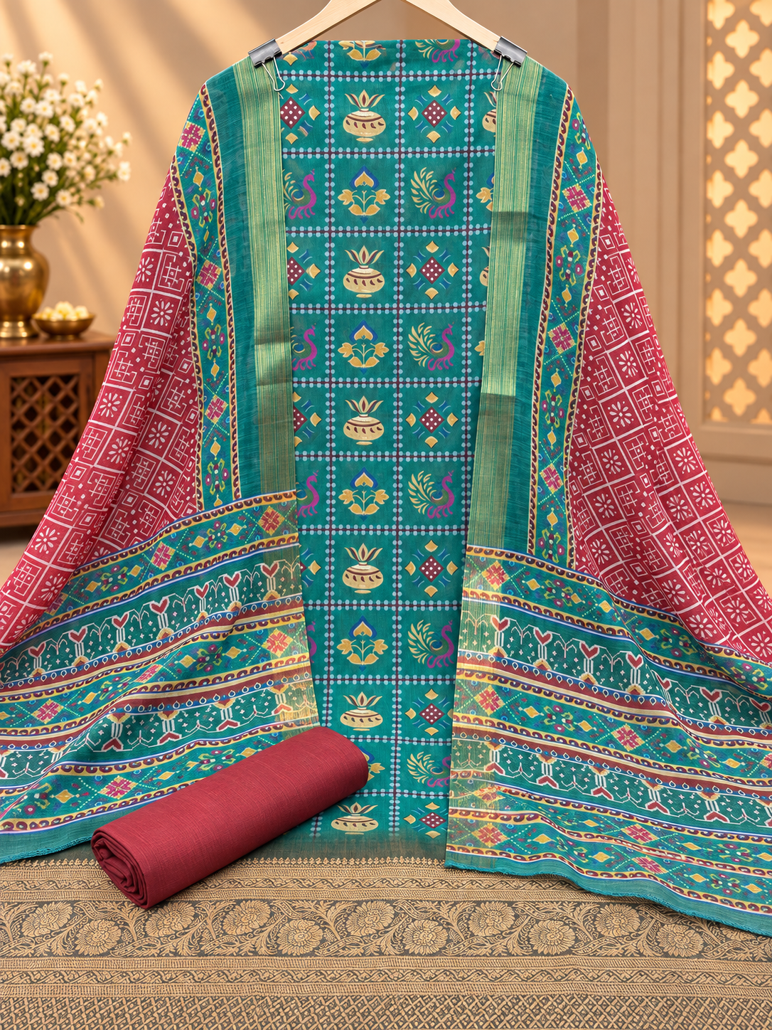 Premium Silk Blend Printed Suit Set with Designer Dupatta | Teal & Maroon Ethnic Suit for Women