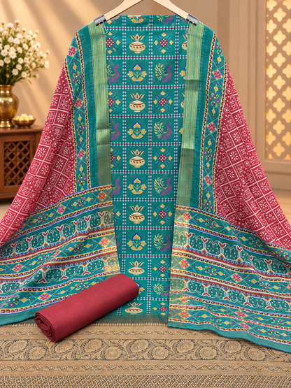 Premium Silk Blend Printed Suit Set with Designer Dupatta | Teal & Maroon Ethnic Suit for Women