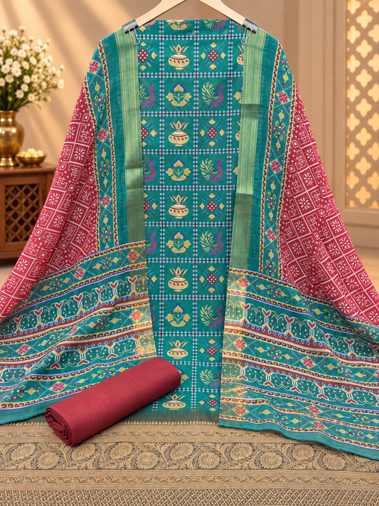 Premium Silk Blend Printed Suit Set with Designer Dupatta | Teal & Maroon Ethnic Suit for Women