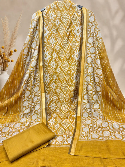 Premium Maheshwari Silk Suit in Mustard Yellow with Ikat Print & Floral Dupatta | Designer Ethnic Wear