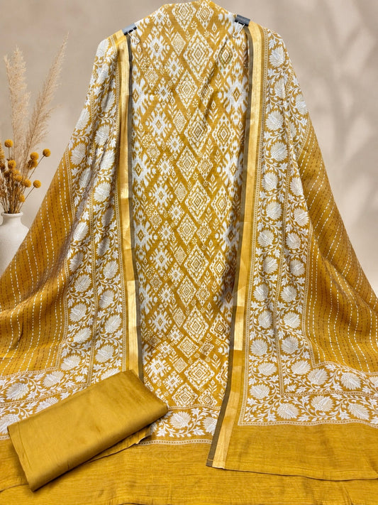 Premium Maheshwari Silk Suit in Mustard Yellow with Ikat Print & Floral Dupatta | Designer Ethnic Wear
