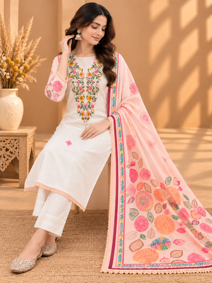 Premium White & Peach Cotton Suit with Floral Embroidery & Multicolour Print | Designer Cotton Suit for Women