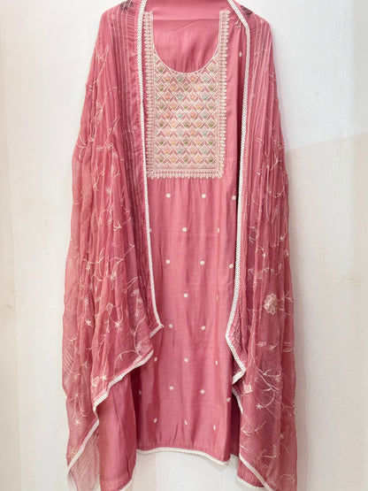 Beautiful thread work muslin suit with heavy Jaal work dupatta