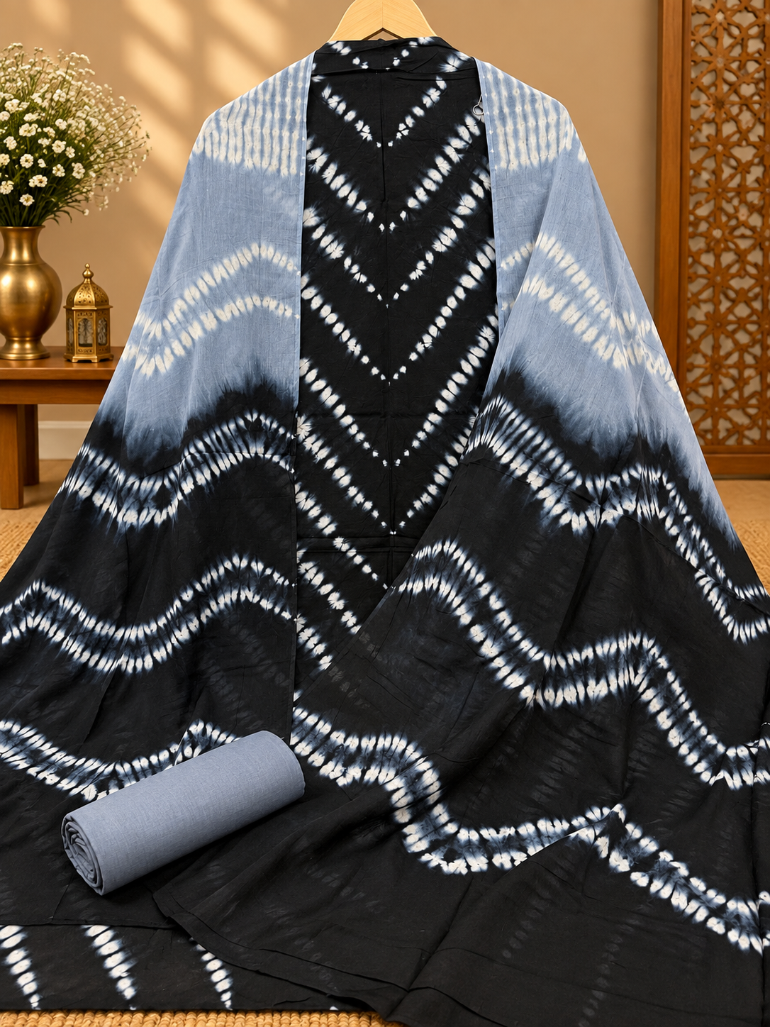 Premium Tie-Dye Cotton Suit Set | Black & Grey Shibori Printed Cotton Suit for Women
