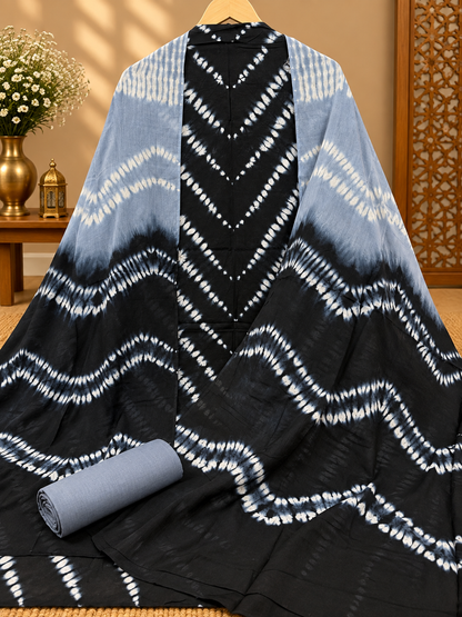 Premium Tie-Dye Cotton Suit Set | Black & Grey Shibori Printed Cotton Suit for Women