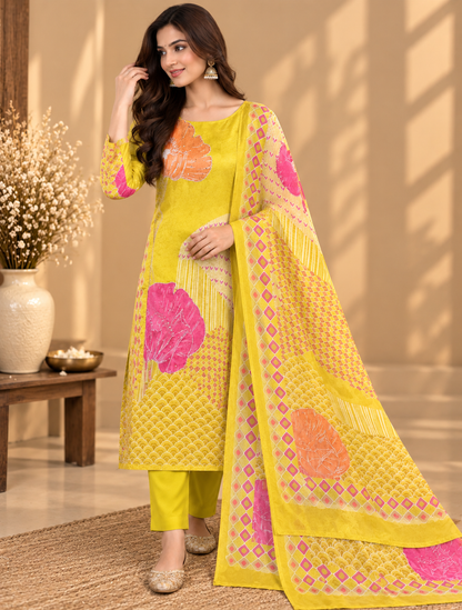 Yellow Shimmer Silk Digital Printed & Embroidered Unstitched Suit Set | Premium Designer Suit