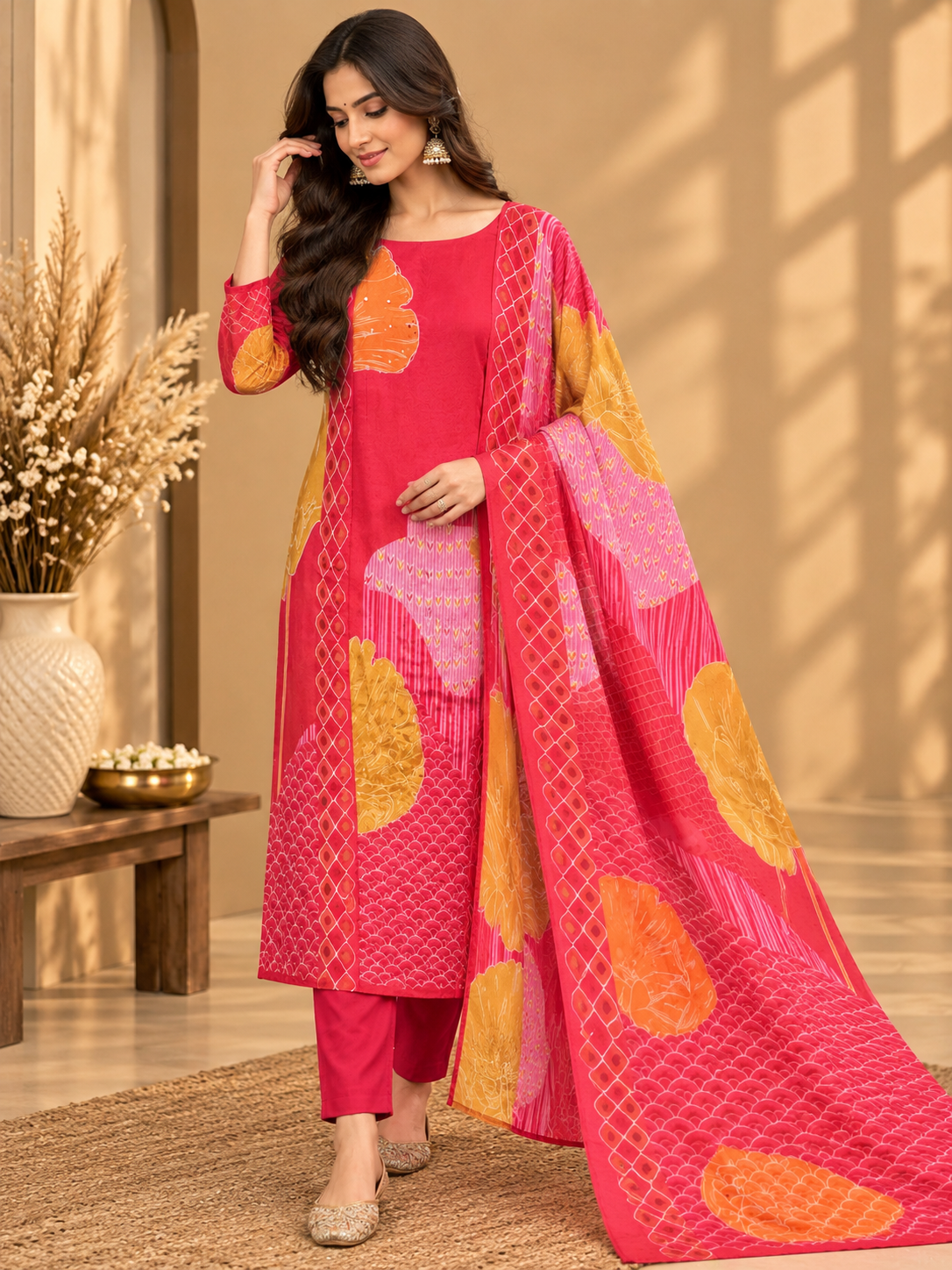 Gajari Shimmer Silk Digital Printed & Embroidered Unstitched Suit Set | Premium Designer Suit